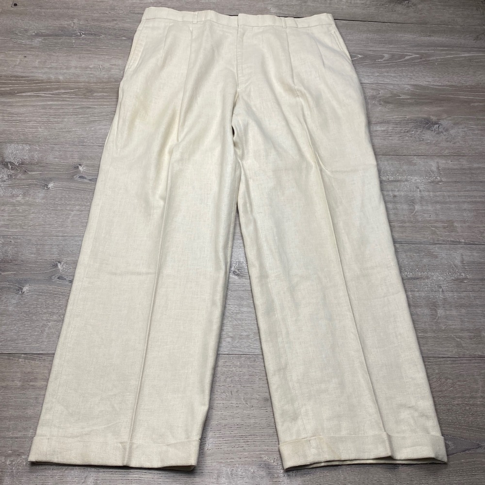 Alberto Celini Pleated Trousers Mens 38 Cream Linen Blend Cuffed Wide Leg Beach